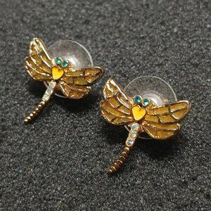 Gold Tone Dragonfly Stud Earrings Rhinestone Crystal Heart .75” 2g Nature Boho